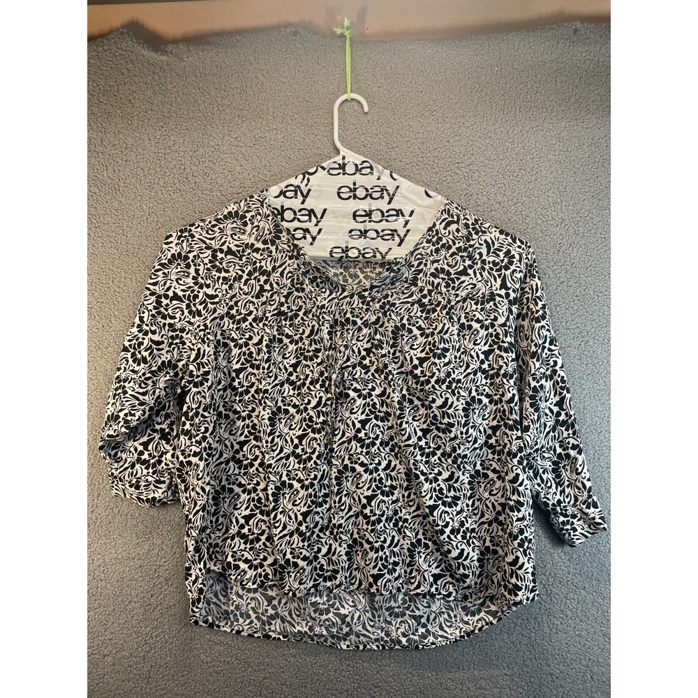 Anne Carson Women Black and White Floral Long Sleeve Blouse 1X Plus